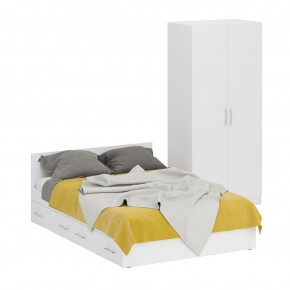 Кровать с ящиками 1400 + Шкаф 2-х створчатый Стандарт, цвет белый, ШхГхВ 143,5х203,5х70 + 90х52х200 см., сп.м. 1400х2000 мм., б/м, основание есть в Когалыме - kogalym.mebel-74.com | фото